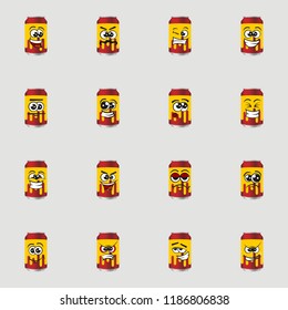 Set of canned doodle drinks, expressions happy, confused, sad, angry, funny, happy, lol, vector illustration