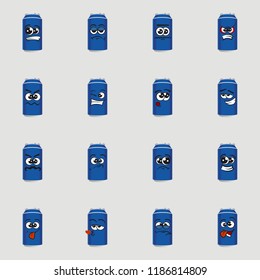 Set of canned doodle drinks, expressions happy, confused, sad, angry, funny, happy, lol, vector illustration