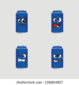 Set of canned doodle drinks, expressions happy, confused, sad, angry, funny, happy, lol, vector illustration