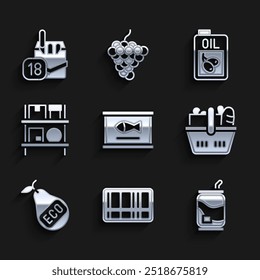 Set Canned fish, Barcode, Soda can, Shopping basket and food, Healthy organic pear, Warehouse interior with boxes, Bottle of olive oil and Cigarettes pack icon. Vector
