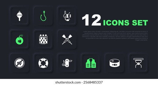 Set Canned fish, Camping folding chair, Fishing net pattern, jacket, Bomb, Lifebuoy, hook and Swiss army knife icon. Vector