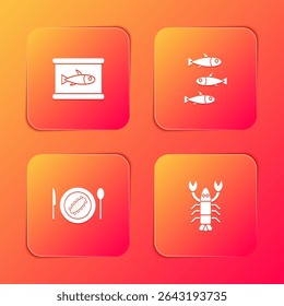 Set Canned fish, Fishes, Served cucumber on plate and Lobster icon. Vector