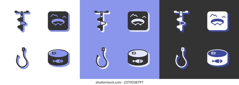 Set Canned fish, Hand ice drill, Fishing hook and Winter fishing icon. Vector