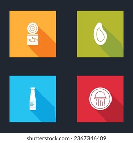 Set Canned fish, Mussel, Sauce bottle and Jellyfish on plate icon. Vector