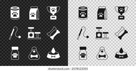 Set Canned food, Bag of for pet, Pet award symbol, Medicine bottle and pills, Dog collar with bone, bowl cat dog, toy and Cat scratching post icon. Vector