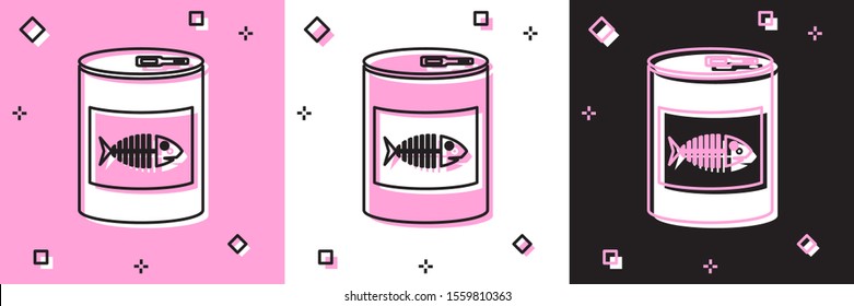 Set Canned food for cat icon isolated on pink and white, black background. Fish skeleton sign. Food for animals. Pet dog food can.  Vector Illustration