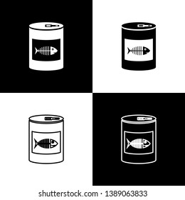 Set Canned food for cat icons isolated on black and white background. Fish skeleton sign. Food for animals. Pet dog food can. Vector Illustration