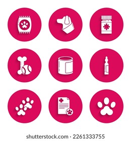 Set Canned food, Clipboard with medical clinical record pet, Paw print, Pets vial, toys bone rubber and ball, Dog medicine bottle pills and Bag of for icon. Vector