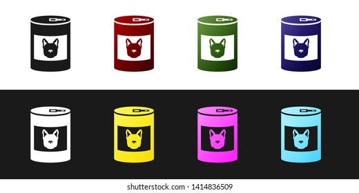 Set Canned food for dog icon isolated on black and white background. Food for animals. Pet dog food can. Vector Illustration