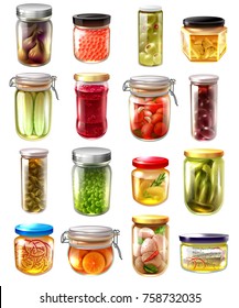 Set of canned food in glass jars with fruit jams, pickled vegetables, fish, caviar isolated vector illustration 