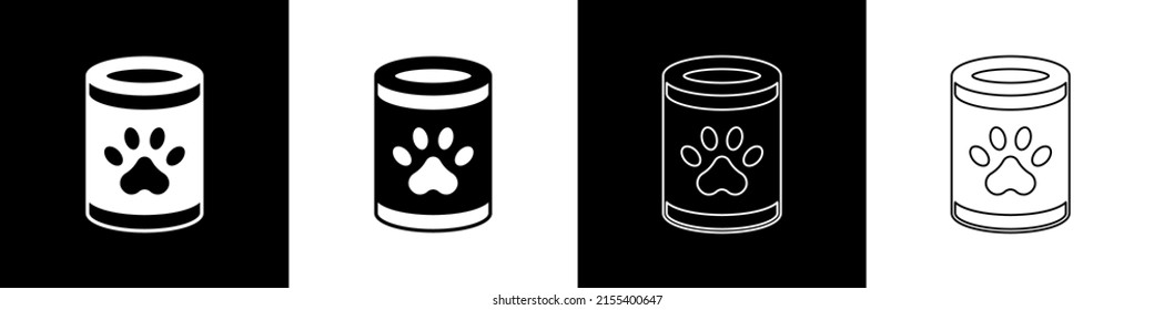 Set Canned food icon isolated on black and white background. Food for animals. Pet food can.  Vector