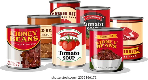 Set of canned food isolated illustration