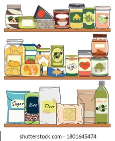 Set of canned food on shelf. Preserved food in cans, glass jars, metal containers, packs of cereals. Elements of kitchen storage. Hand drawn vector illustration. Isolated on white background.