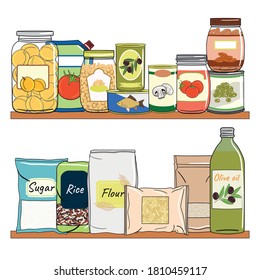 Set of canned food on shelf. Preserved food in cans, glass jars, metal containers, packs of cereals. Elements of kitchen storage. Hand drawn vector illustration. Isolated on white background.