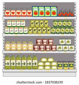 Set of canned food on shelves in supermarket. Preserved food in cans, glass jars, metal containers. Hand drawn vector illustration. Isolated on white background.