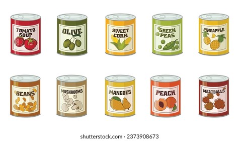 Set of canned food on white background