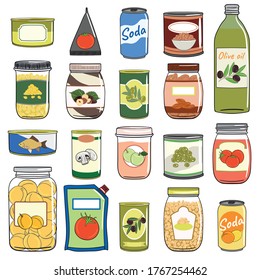 Set of canned food. Preserved food in cans, glass jars, metal containers. Elements of kitchen storage. Hand drawn vector illustration. Isolated on white background.