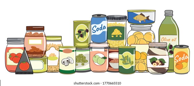 Set of canned food. Preserved food in cans, glass jars, metal containers. Elements of kitchen storage. Hand drawn vector illustration. Isolated on white background.