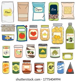 Set of canned food. Preserved food in cans, glass jars, metal containers, packs of cereals. Elements of kitchen storage. Hand drawn vector illustration. Isolated on white background.