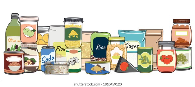 Set of canned food. Preserved food in cans, glass jars, metal containers. Elements of kitchen storage. Hand drawn vector illustration. Isolated on white background.