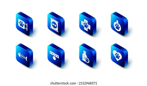 Set Canned food, Veterinary clinic, Collar with name tag, Heart animals footprint, Pet shampoo, Fish skeleton and  icon. Vector