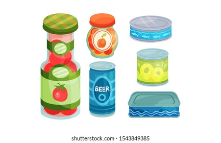 Set of canned products in cans and bottles. Vector illustration.