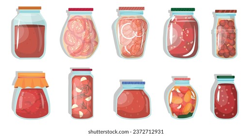 Conjunto de tomates enlatados sobre fondo blanco