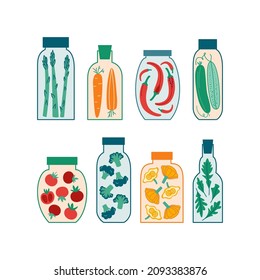 Conjunto de verduras enlatadas en diferentes frascos de vidrio sobre fondo blanco.  Ilustración plana vectorial con alimento vegetal en picado