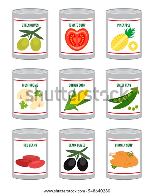 Set Canned Vegetables Fruits Meat Flat Stock Vector (Royalty Free