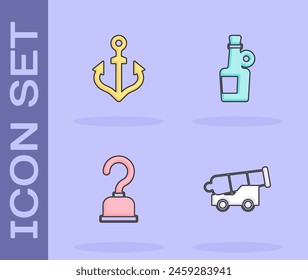 Set Kanone, Anker, Piraten-Haken und Alkohol trinken Rum-Symbol. Vektorgrafik
