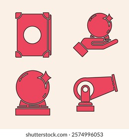 Set Cannon, Ancient magic book, Magic ball on hand and Magic ball icon. Vector