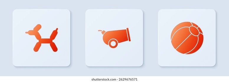 Conjunto de cañón, globo perro y pelota de playa. Botón cuadrado blanco. Vector
