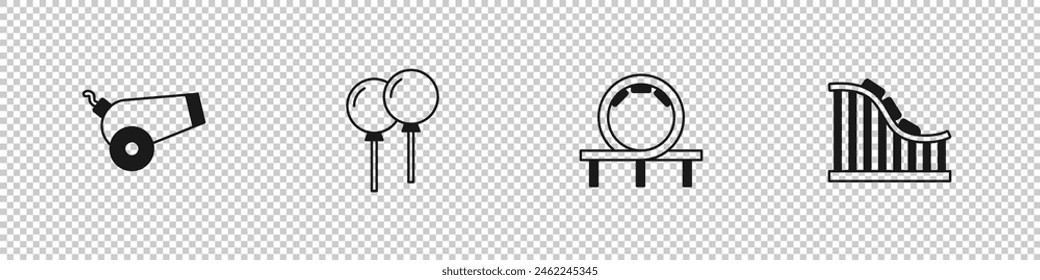 Set Kanone, Ballons mit Band, Achterbahn und Symbol. Vektorgrafik