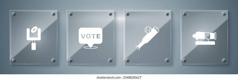 Set Cannon, Baseball bat with ball, Vote and American football goal post. Square glass panels. Vector