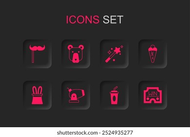Set Cannon, Bear head, Paper mustache stick, glass with water, Ice cream in waffle, Casino win, Magic wand and Magician hat rabbit ears icon. Vector