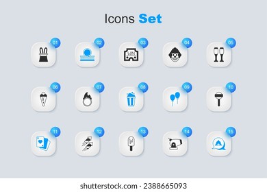 Set Cannon, Circus fire hoop, Roller coaster, Playing cards, tent, Lollipop, Magician hat and rabbit ears and Popcorn cardboard box icon. Vector
