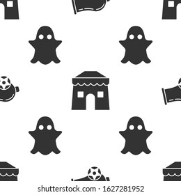 Set Cannon, Circus tent and Ghost on seamless pattern. Vector