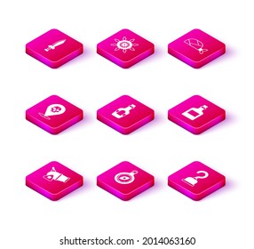 Set Cannon, Compass, Location pirate, Alcohol drink Rum, Pirate hook, bandana for head and Ship steering wheel icon. Vector