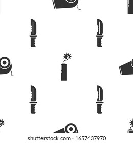 Setzen Sie Cannon, Dynamite Bombe-Takt und Military-Messer auf nahtloses Muster. Vektorillustration