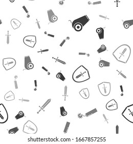 Set Cannon, Dynamite bomb stick clock, Medieval shield with sword and Medieval sword on seamless pattern. Vector