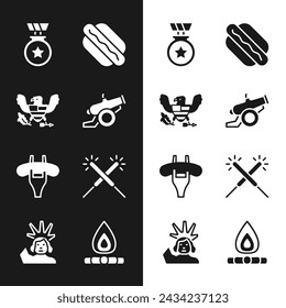 Set Cannon, Eagle, Medal with star, Hotdog sandwich, Sausage the fork, Sparkler firework, Campfire and Statue of Liberty icon. Vector