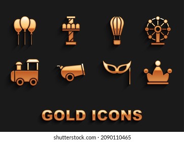 Set Cannon, Ferris wheel, Jester hat with bells, Festive mask, Toy train, Hot air balloon, Balloons ribbon and Attraction carousel icon. Vector