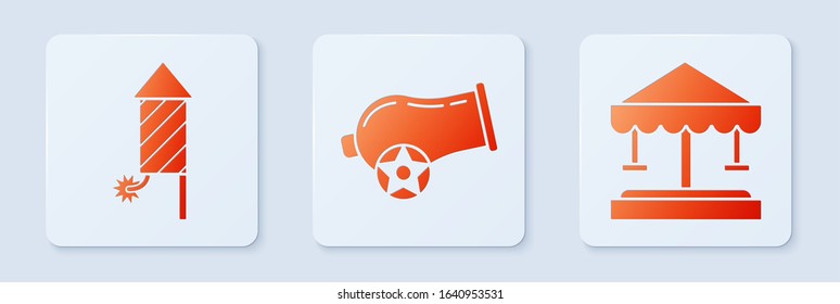 Set Cannon, Firework rocket and Attraction carousel. White square button. Vector