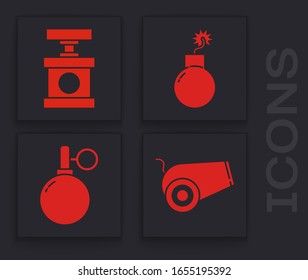 Set Cannon, Handle detonator for dynamite, Bomb ready to explode and Hand grenade icon. Vector