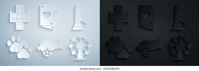 Juego de Cañones, Atracción de alto delantero con martillo grande, Impresión de garra, Rueda de la fortuna, Tarjeta de juego e icono de carrusel de la atracción. Vector