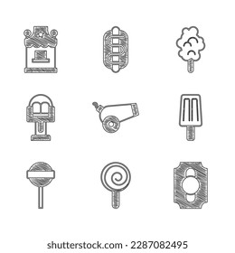 Set Cannon, Lollipop, Circus ticket, Ice cream, Attraction carousel, Cotton candy and Ticket box office icon. Vector