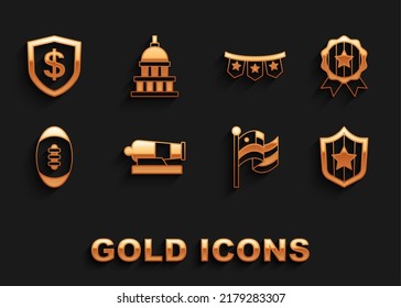 Juego de cañón, Medalla con estrella, estrellas Escudo, bandera estadounidense, fútbol, banderas de garland carnavalescas, dólar e icono de la Casa Blanca. Vector
