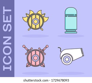 Cannon setzen, mittelalterliche Schild mit gekreuzten Achsen, Holzschild mit gekreuzten Schwertern und Patronen Symbol. Vector