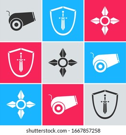 Set Cannon, Medieval shield with sword and Japanese ninja shuriken icon. Vector