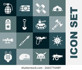 Set Cannon, Naval mine, War axe, Satellite, Sapper shovel, Chevron, Hand grenade and Military tank icon. Vector